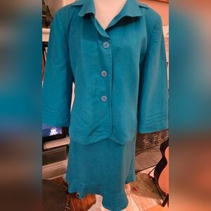 Le Suit Size 14 Teal Skirt Set with V-Neck Blazer